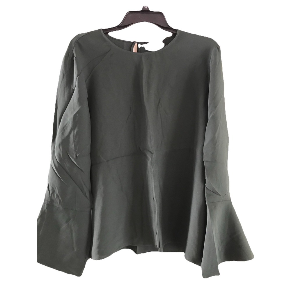 Lafayette 148 New York 100% Silk Kelly Green Bell-Sleeve Blouse Women's Sz XL